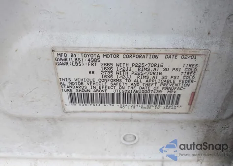 2001 Toyota Highlander из США, поврежденный, VIN JTEGD21A610007439